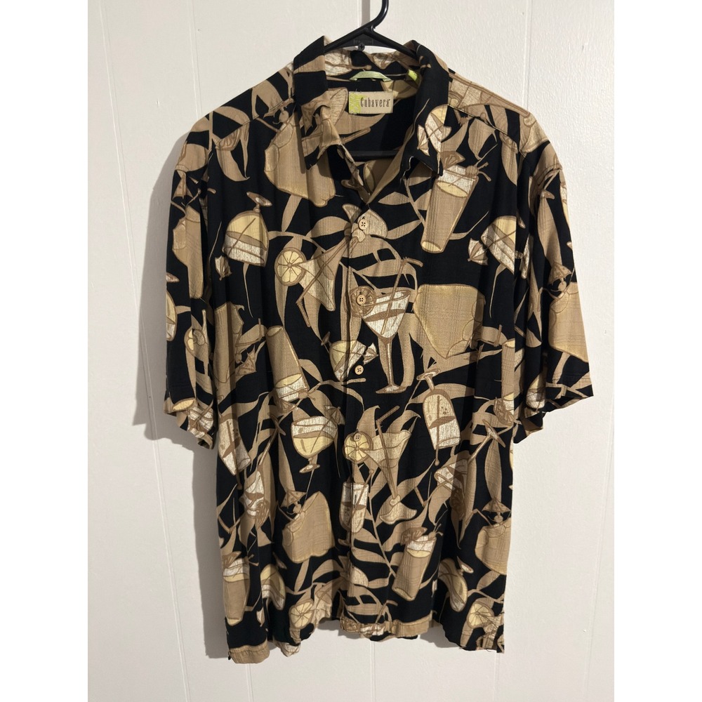 Cubavera Mens Large Cocktail Tropical Print Button Down Shirt‎ Black Tan Cool L